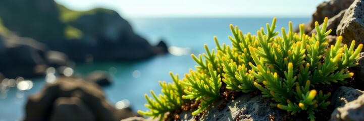 Obraz premium Sea moss plants growing on rocky coastline, healthy algae superfood, marine, sea moss, nutrient-rich