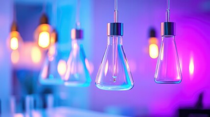A modern laboratory scene with suspended glassware bathed in blue light, evoking innovation and discovery