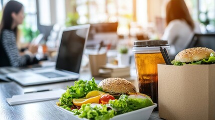Delicious Office Lunch Break: Burgers, Salad, and Drinks
