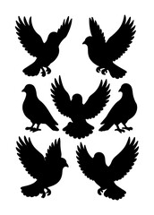 Silhouette set of six doves in various poses, including flying and perched. Represents peace, hope, freedom, spirituality, and a simple, elegant graphic.