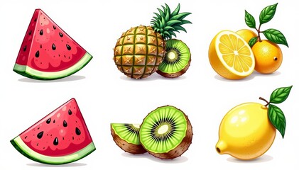 Set of assorted fruit doodles including watermelon, pineapple, kiwi, and lemon, tasty, assorted, ripe