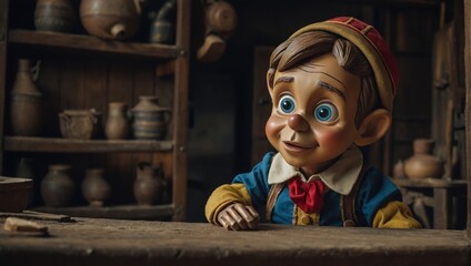 Pinocchio sitting at wooden table in workshop, looking hopeful and anticipating adventure.