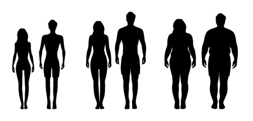 Silhouette of men and women at different weights, skinny people, normal weight people and overweight people, man and woman figure