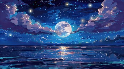 Peaceful night scene by water with full moon