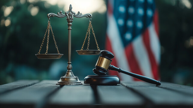 Golden balance scale stands tall on wooden bench beside gavel, American flag draped behind, representing U.S. legal authority and constitutional law
