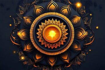 Golden Mandala: An illustration of an intricate golden mandala design with dark background, featuring radiating petals and a central glowing element. It evokes a sense of spirituality.