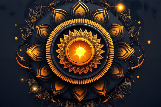 Golden Mandala: An illustration of an intricate golden mandala design with dark background, featuring radiating petals and a central glowing element. It evokes a sense of spirituality.