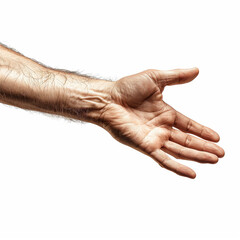Open Caucasian Hand Reaching with Veins on Arm on White Background Shot