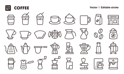 Coffee and coffee goods line icon set. Vector editable stroke icon.