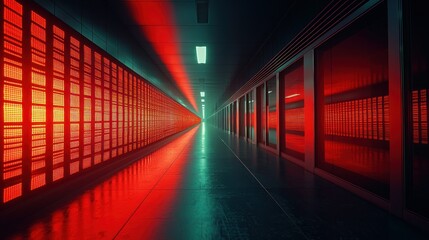 Futuristic data center corridor illuminated with vibrant red lights, emphasizing technology