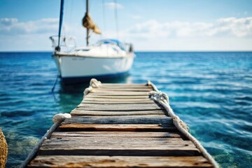 Wooden dock leading to boat in clear water