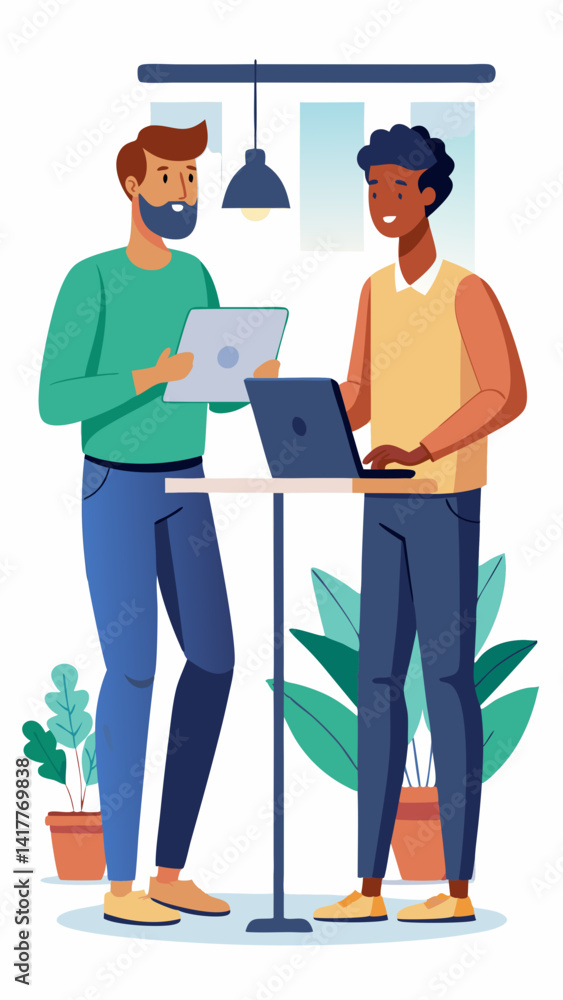 Poster two men are sitting at a table with a laptop in front of them. one man is pointing at the laptop whi
