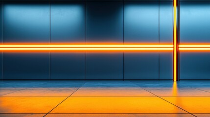 Futuristic interior with glowing orange lines illuminating sleek, modern walls