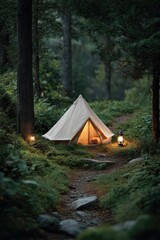 Cozy bell tent with lantern glows in forest. Relaxation, camping, holidays