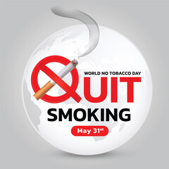 World Tobacco Day concept with cigarette, smoke and stop sign to become aware of lung health. Important day on 31 May. Flat vector illustration.