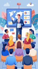 A group of people are gathered around a large screen with a map of the world on it. A man is standing in front of the screen, giving a presentation. The people in the audience are listening intently