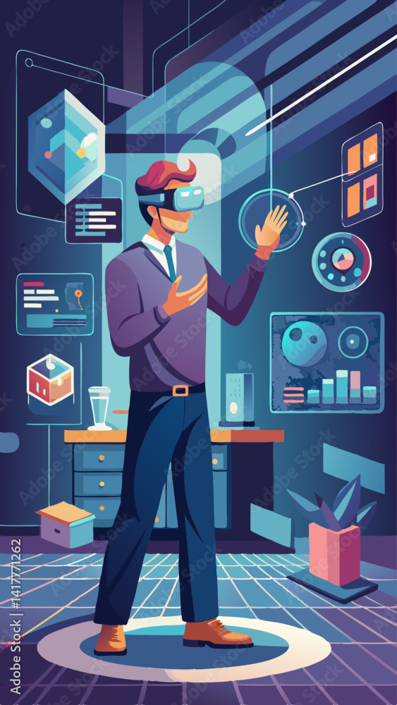 Poster a man is wearing a virtual reality headset and is interacting with a computer screen. the scene is s
