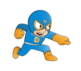 Cartoon superhero character representing Vitamin D, wearing a dynamic costume with a sun symbol and the letter "D" on the chest. The character is designed in a fun, energetic style with a bright color