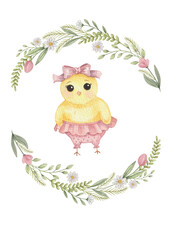 watercolor cute chicken and flower on white background
