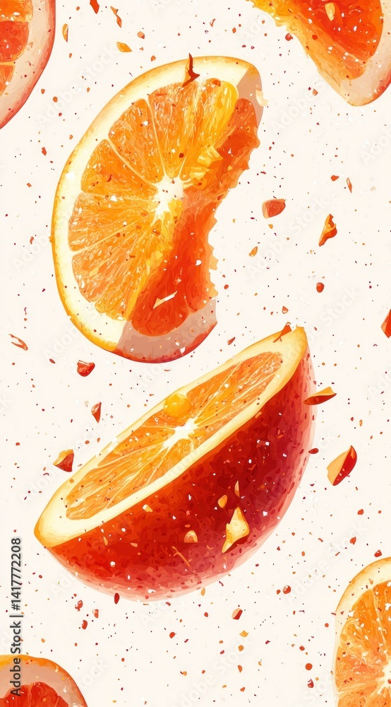 Poster bright and vibrant orange slices floating against a light background with sprinkles of colorful frag