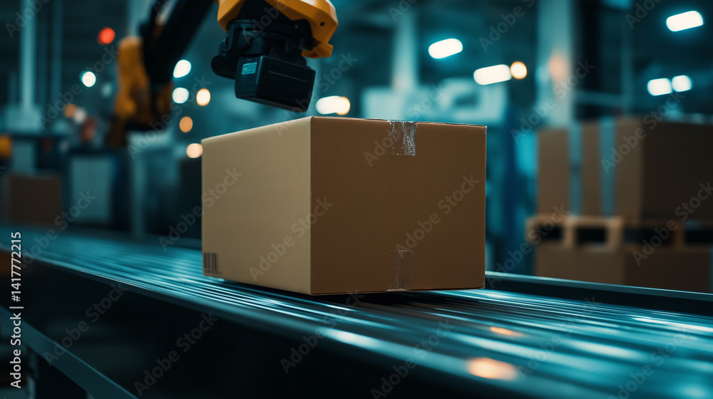 Poster side view of robotic arm lifting large brown box from conveyor and stacking it cleanly on top of a l