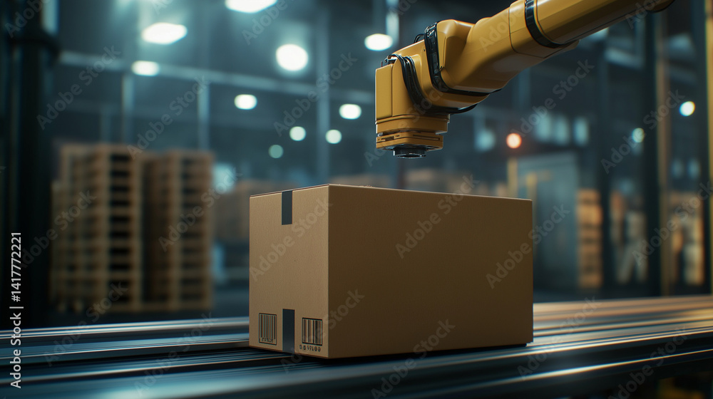 Poster side view of robotic arm lifting large brown box from conveyor and stacking it cleanly on top of a l