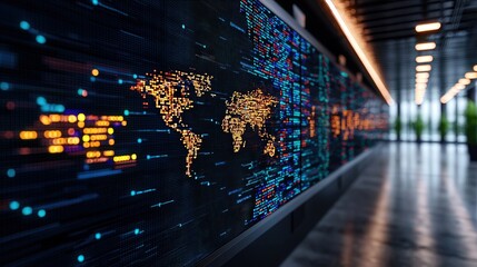 A digital wall displays vibrant, interconnected data streams, showcasing a stylized world map illuminated with bright colors in a modern setting.