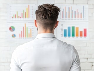 A person in a white shirt analyzes various bar and pie charts displayed on a wall, focusing on data visualization and business insights.