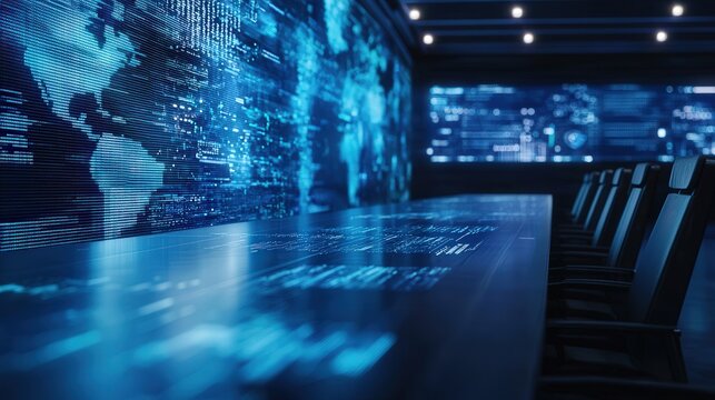 A modern conference room featuring a high-tech table and digital screens displaying data and graphics in blue tones.