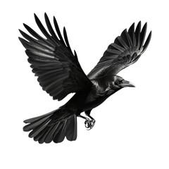 Obraz premium Black crow in mid-flight with detailed feathers spreading wide showing wingspan, beak, and dark glossy plumage isolated on white background