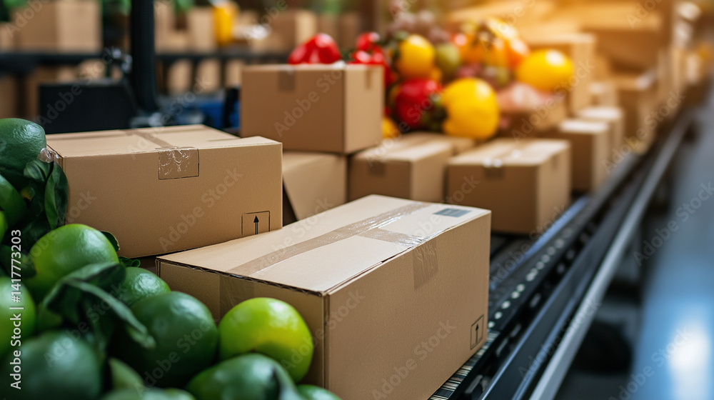 Poster overhead view of conveyor belt stacked with perfectly aligned cardboard boxes, showcasing the stream