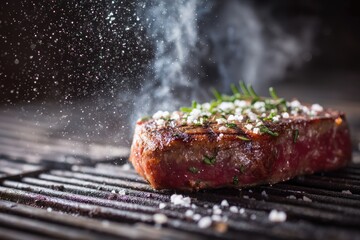 Tempting food shot of a dry aged steak on a sizzling barbecue, with visible grill marks and an artistic dusting of salt and finely chopped herbs