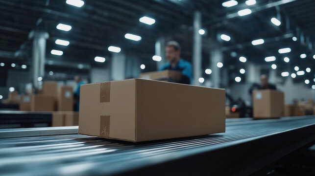 Smooth, continuous movement of cardboard boxes on factory conveyor belt under fluorescent lights, workers monitor progress in the background
