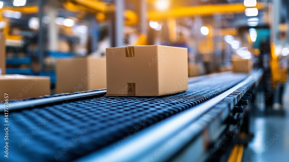 Poster conveyor belt in a modern factory loaded with neatly packed cardboard boxes, symbolizing efficient p