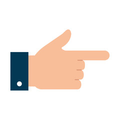 A vector illustration depicting a hand with the index finger extended outwards as if pointing, featuring a visible dark blue sleeve with a white button