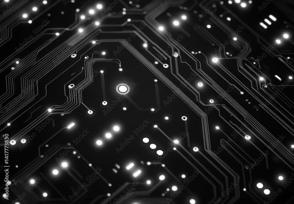 Poster abstract close-up of a futuristic black circuit board with glowing elements for technology and innov