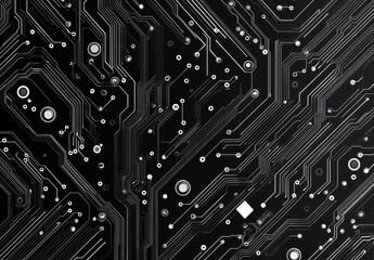 Detailed Circuit Board Design with Complex Patterns and Lines on a Black Background for Technology and Innovation Themes