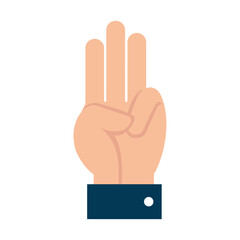 A vector illustration depicting a hand showing three fingers extended upward, featuring a dark blue sleeve with a white button