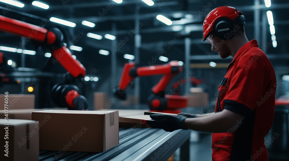 Poster factory worker inspects a box on the conveyor belt in real time, as robotic arms stack and seal boxe