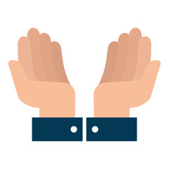 A vector illustration of two open hands with palms facing upward, each hand showing a dark blue sleeve with a white button, symbolizing offering support