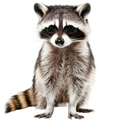 Fototapeta premium Close-up of a cute curious raccoon standing on white background highlighting animal facial features and natural fur texture for wildlife photography and animal study