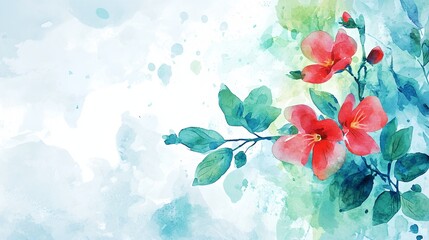 A watercolor painting of a red flower with green leaves