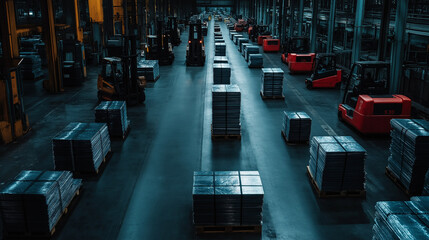 Fototapeta premium High-angle view of galvanized steel sheet coils stacked in neat rows on the factory floor, with forklifts and other machinery in the background