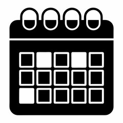 Black calendar icon with grid and three rings