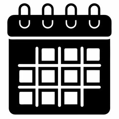 Black calendar icon with grid and three rings
