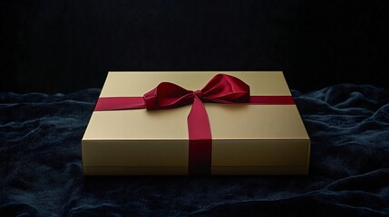 A luxurious golden gift box adorned with a rich burgundy ribbon, promising an exquisite surprise on a dark velvet backdrop.