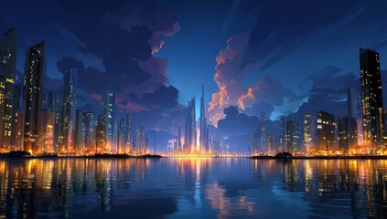 Cityscape Reflection at Dusk. Modern buildings reflecting in water, night background