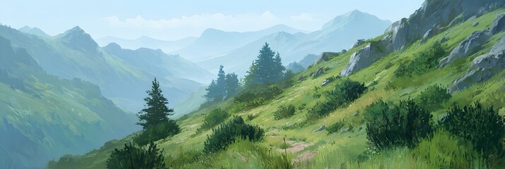 A painting of a mountain landscape with a path leading up to a tree