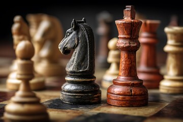Fototapeta premium Chess pieces showcasing business strategy and leadership imagery 