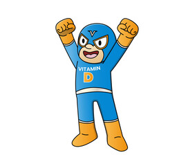 Cartoon superhero character representing Vitamin D, wearing a dynamic costume with a sun symbol and the letter "D" on the chest. The character is designed in a fun, energetic style with a bright color
